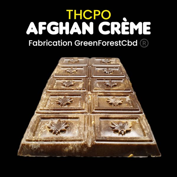 Tablette complète de Hash Afghan Crème THCPO de Green Forest Cbd®, avec des carrés embossés d'une feuille de cannabis."