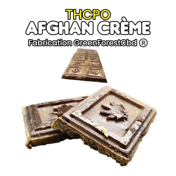 Image composite de deux photos de haschich Afghan Crème THCPO, en haut une barre entière et en bas des carrés individuels, avec le texte 'THCPO AFGHAN CRÈME Fabrication GreenForestCbd ®' sur fond blanc