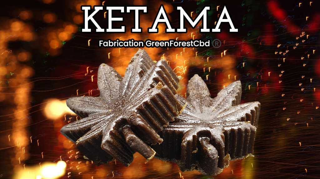 Deux pièces scintillantes de résine HHCPO Ketama sur un fond festif avec des étincelles et des lumières floues, accompagnées du texte 'KETAMA Fabrication GreenForestCbd®'