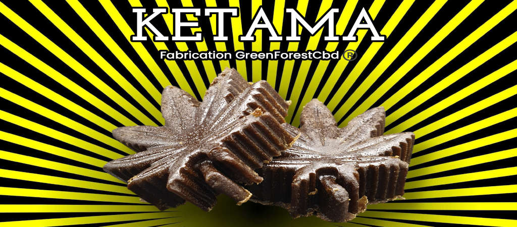 Résine HHCPO Ketama de Green Forest Cbd® présentée en forme de feuille de cannabis, sur un fond jaune dynamique avec des rayures noires
