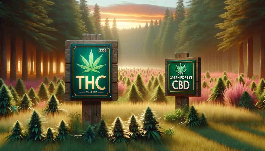 Un panneau "THC" et un panneau "Green Forest CBD" sont placés au premier plan d'un champ de cannabis, avec un coucher de soleil illuminant la scène en arrière-plan, créant une atmosphère paisible et accueillante.