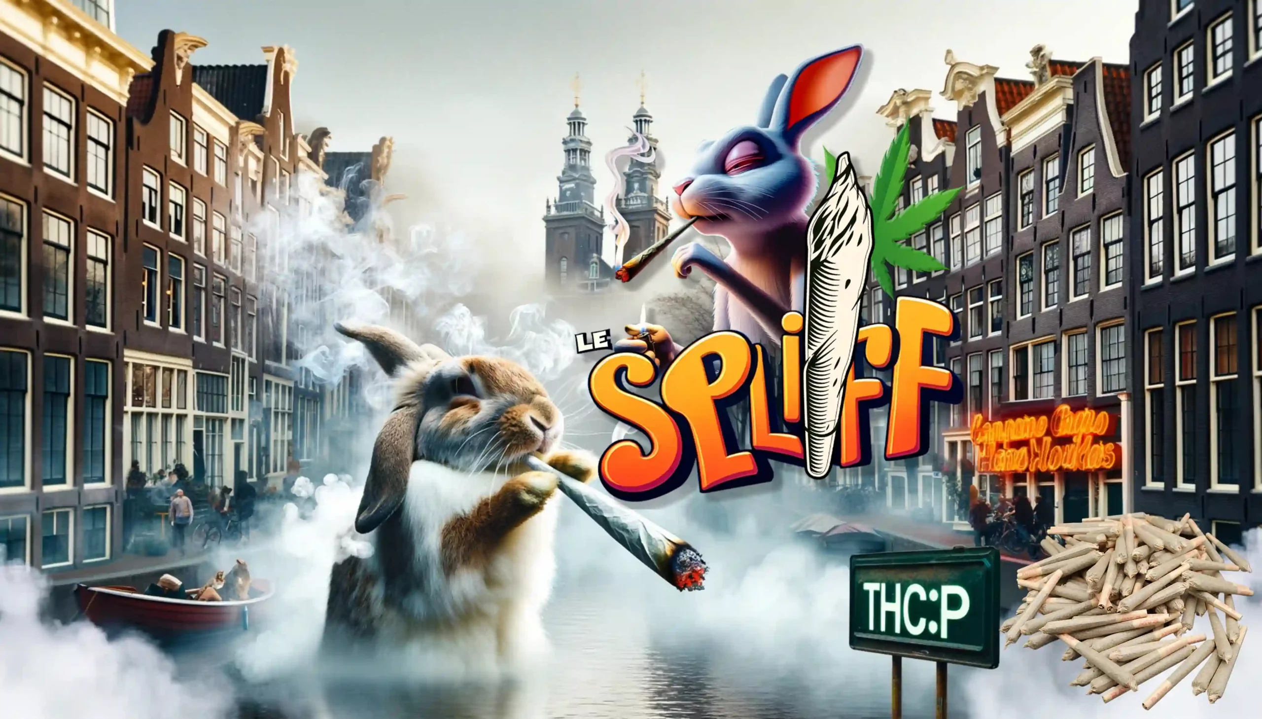 Publicité colorée pour 'Le Spliff' pré-roulés THCP avec un lapin animé fumant, sur fond de canaux d'Amsterdam et d'architecture néerlandaise, avec des joints éparpillés et un panneau 'THC:P'.