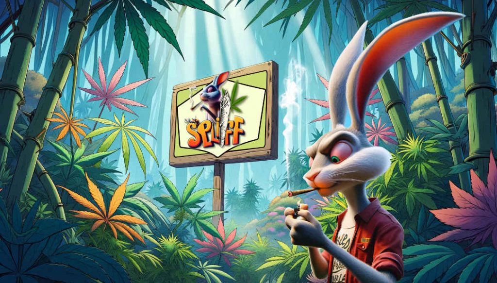 Un lapin stylisé allume un spliff THCP de la marque "LE SPLIFF" dans une forêt luxuriante de bambous et de cannabis.