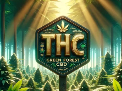 L'image représente un panneau dans une forêt luxuriante de cannabis avec des rayons de soleil qui filtrent à travers les arbres. Le panneau affiche en haut "THC" en grandes lettres dorées sur un fond vert, avec une feuille de cannabis centrée au-dessus. En dessous, "Green Forest CBD" est écrit en plus petit, entouré de motifs de feuilles. L'ensemble évoque un sentiment de vitalité et de nature.