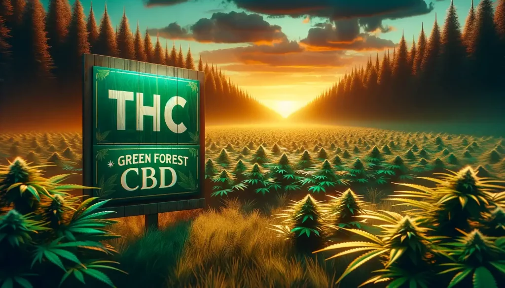 L'image montre un panneau avec les inscriptions "THC" en grandes lettres vertes et "Green Forest CBD" en dessous, placé au premier plan d'un champ de cannabis. Le fond révèle un coucher de soleil éblouissant derrière une forêt de conifères, avec des nuances de lumière orangée qui se reflètent sur un champ de cannabis luxuriant.