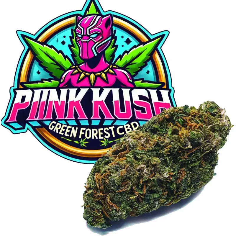 Fleur Pink Kush CBD, avec son logo représentant un pantère rose type Black panther avec un fond de feuille de canabis. Fleurs vendue par GreenforestCBD