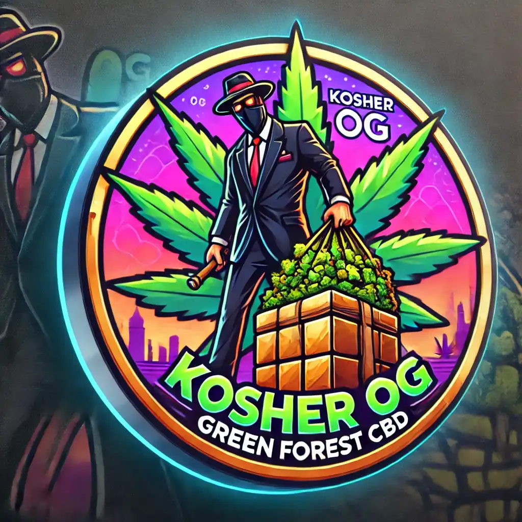 Logo de Kosher OG Green Forest CBD représentant une silhouette élégante en costume noir et masque, tenant une batte de baseball et un gros sac de têtes de cannabis devant une feuille de marijuana stylisée